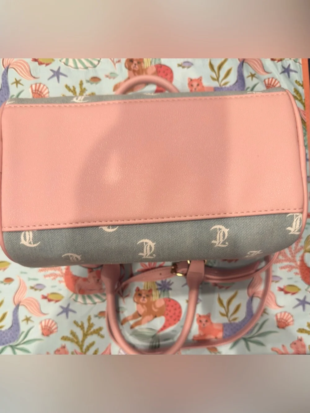 Juicy Couture Denim Purse w Long Strap & White Gothic Lettering w Pink Details